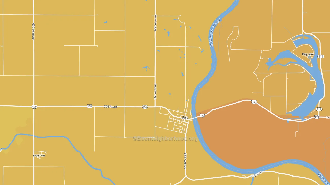 Map of the best neighborhoods in the Rulo area, with better matches in green and worse matches in red