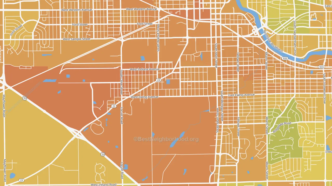 Map of the best neighborhoods in the Rum Village, South Bend area, with better matches in green and worse matches in red