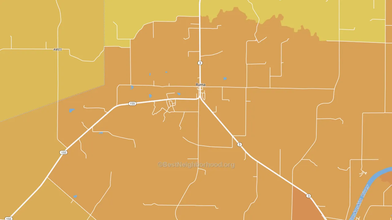 Map of the best neighborhoods in the Ruma area, with better matches in green and worse matches in red