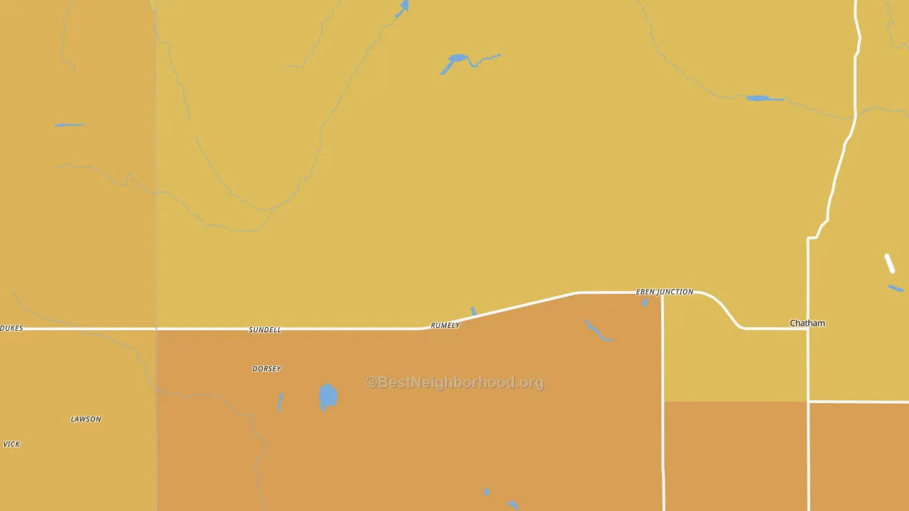 Map of the best neighborhoods in the Rumely area, with better matches in green and worse matches in red
