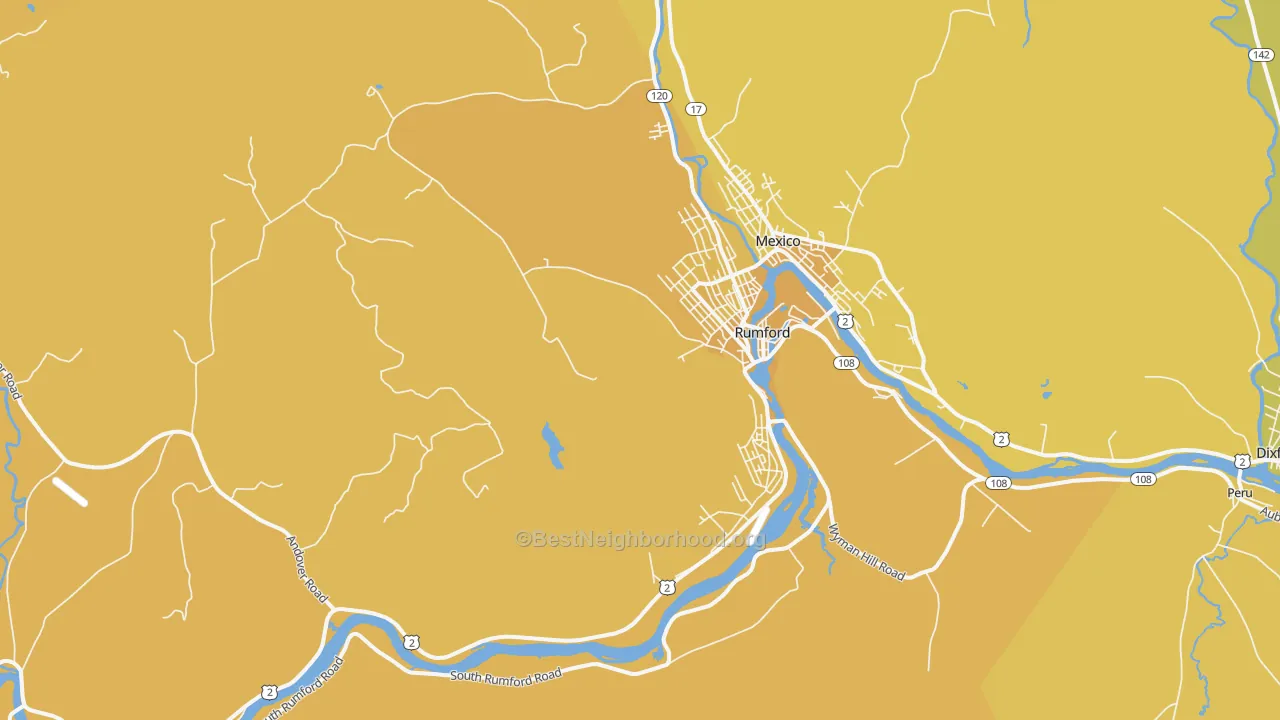 Map of the best neighborhoods in the Rumford area, with better matches in green and worse matches in red