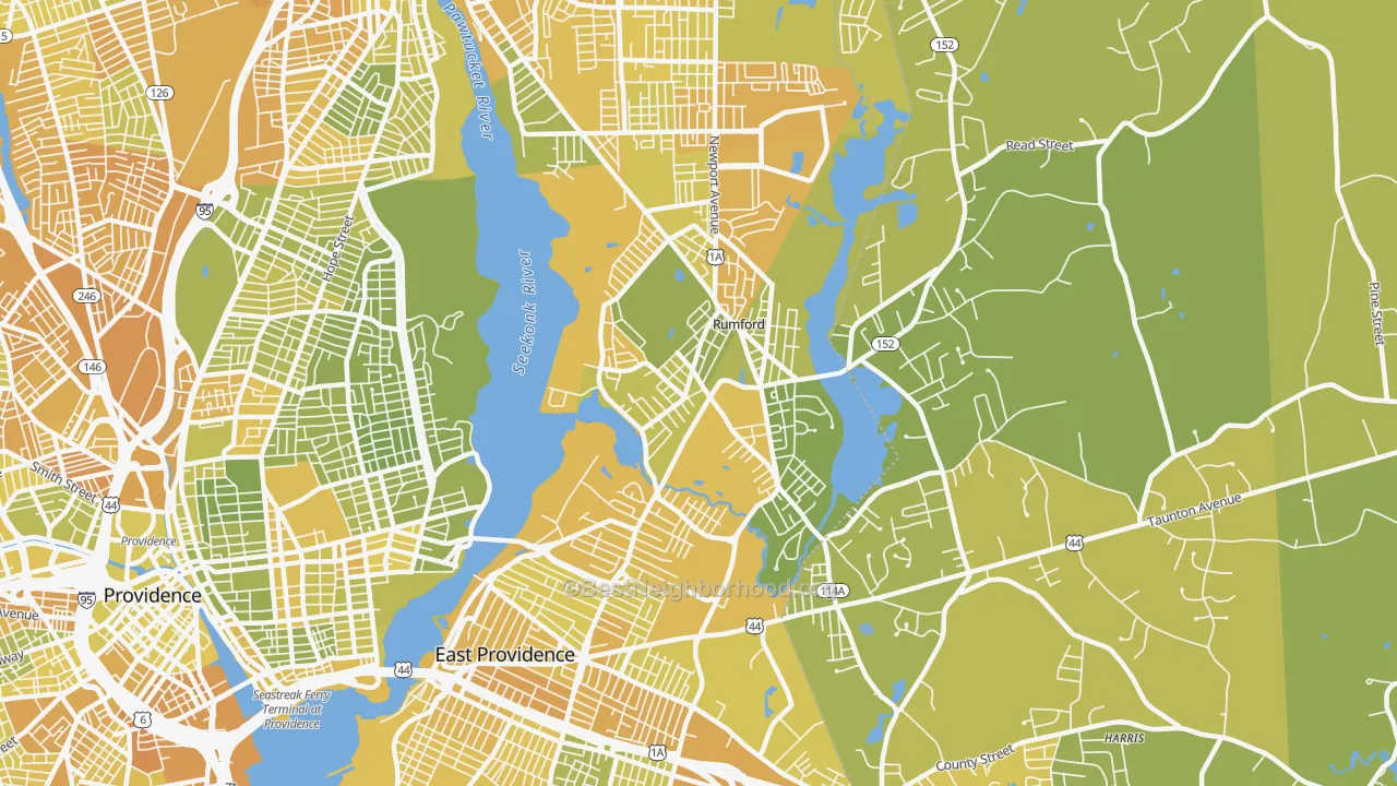 Map of the best neighborhoods in the Rumford area, with better matches in green and worse matches in red