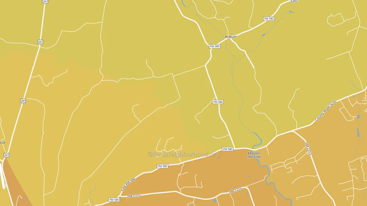 Map of the best neighborhoods in the Rumley area, with better matches in green and worse matches in red