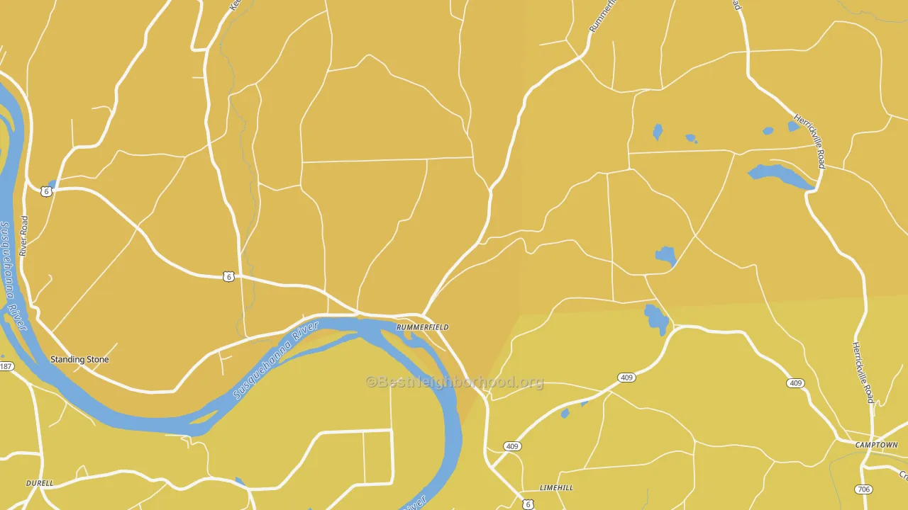Map of the best neighborhoods in the Rummerfield area, with better matches in green and worse matches in red