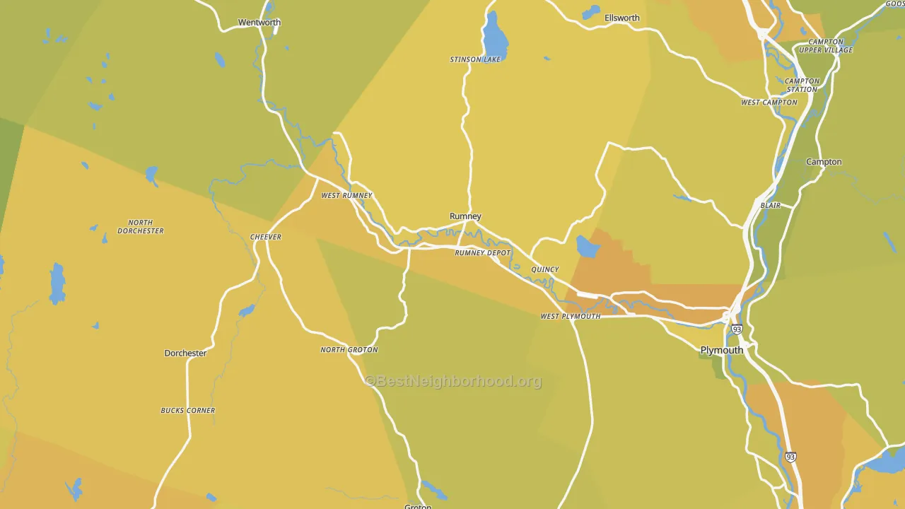Map of the best neighborhoods in the Rumney area, with better matches in green and worse matches in red