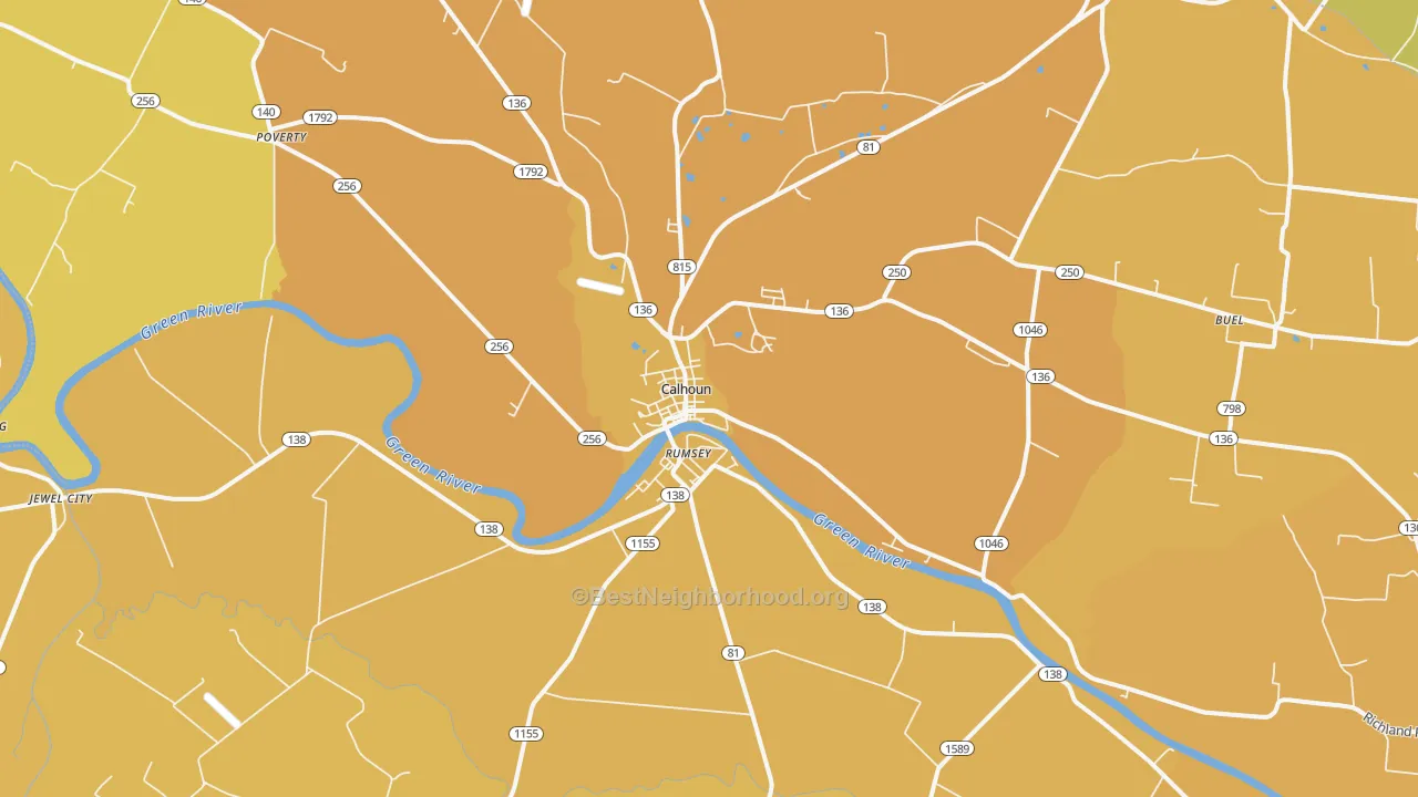 Map of the best neighborhoods in the Rumsey area, with better matches in green and worse matches in red