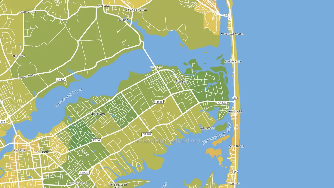 Map of the best neighborhoods in the Rumson area, with better matches in green and worse matches in red
