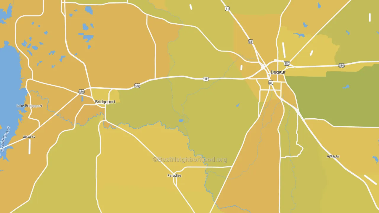 Map of the best neighborhoods in the Runaway Bay area, with better matches in green and worse matches in red