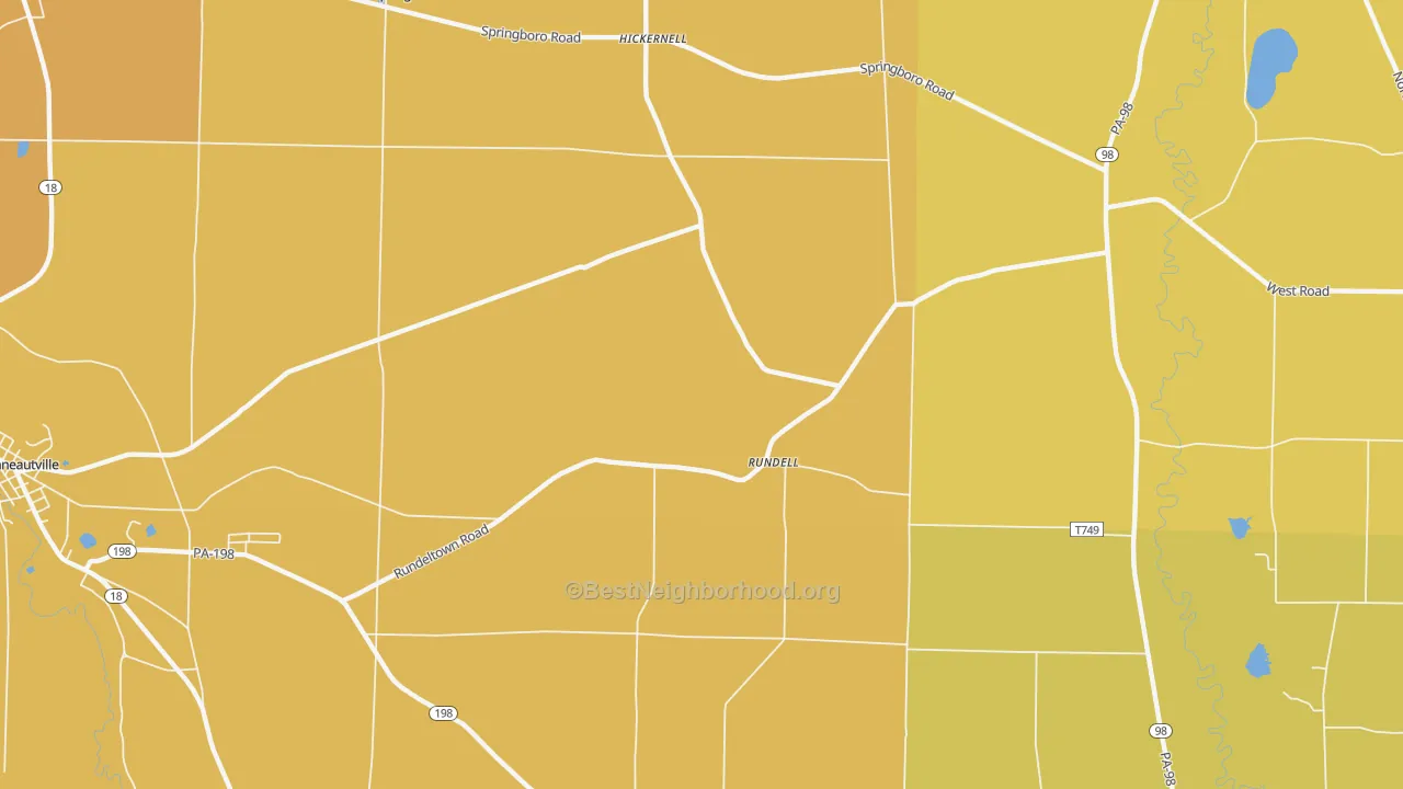 Map of the best neighborhoods in the Rundell area, with better matches in green and worse matches in red