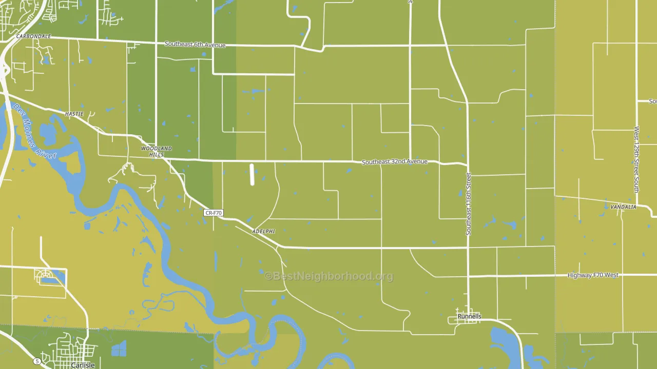 Map of the best neighborhoods in the Runnells area, with better matches in green and worse matches in red