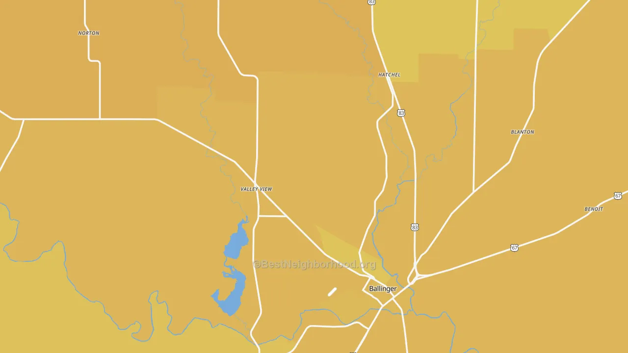 Map of the best neighborhoods in the Runnels County area, with better matches in green and worse matches in red