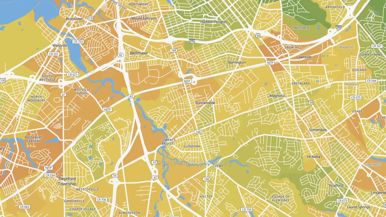 Map of the best neighborhoods in the Runnemede area, with better matches in green and worse matches in red