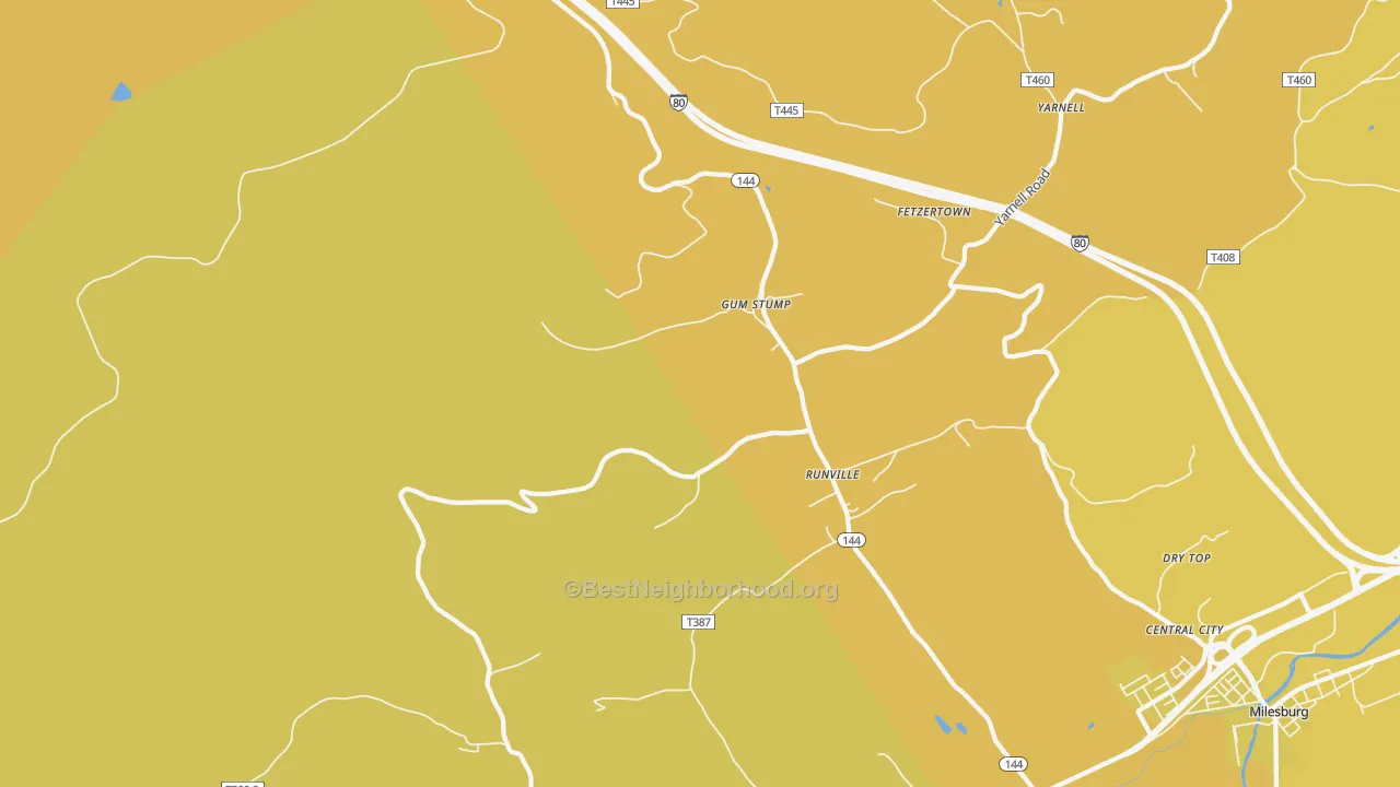 Map of the best neighborhoods in the Runville area, with better matches in green and worse matches in red