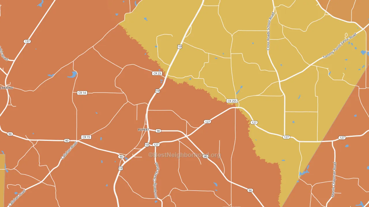 Map of the best neighborhoods in the Rupert area, with better matches in green and worse matches in red