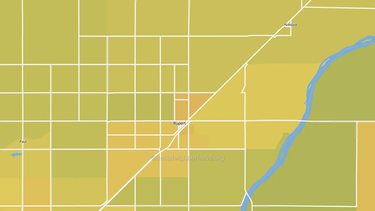 Map of the best neighborhoods in the Rupert area, with better matches in green and worse matches in red