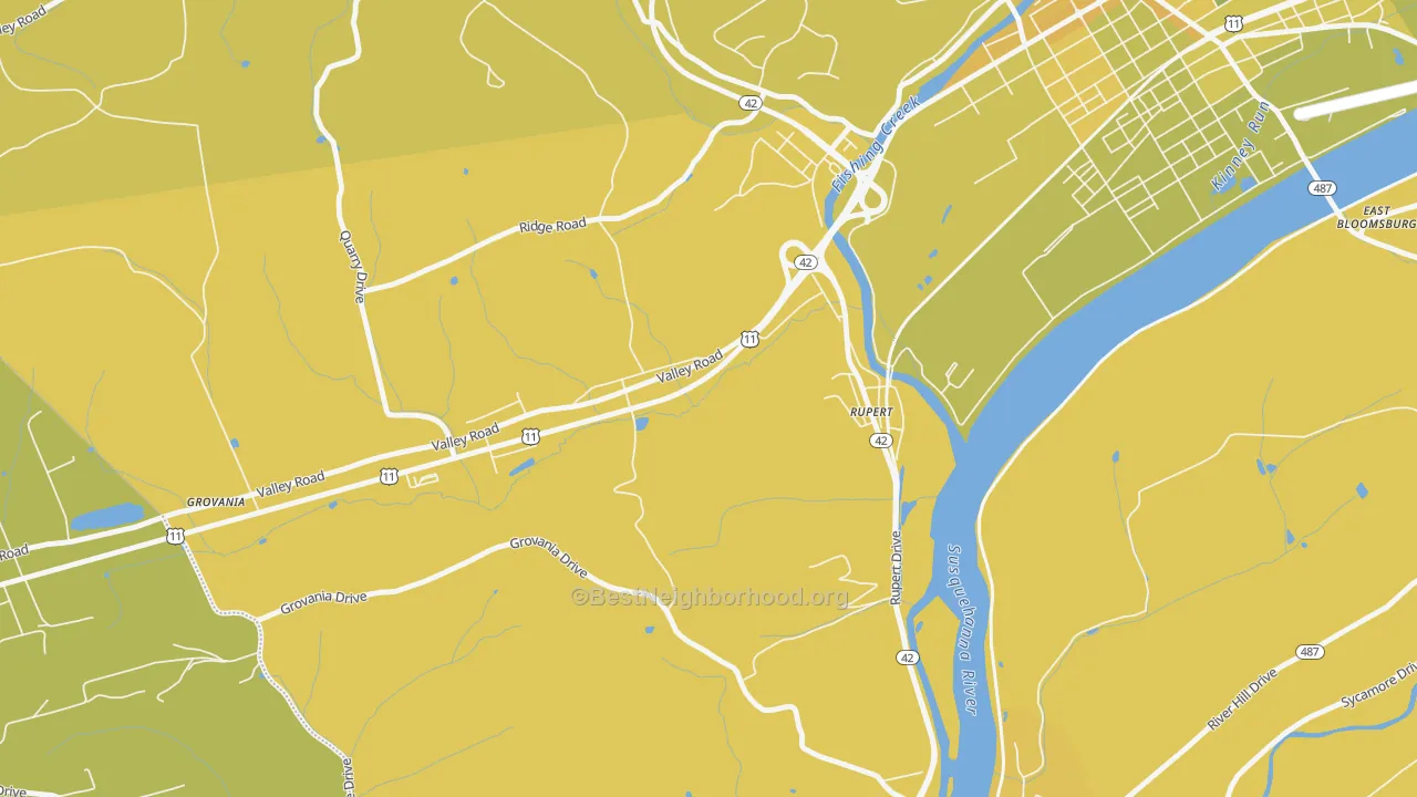 Map of the best neighborhoods in the Rupert area, with better matches in green and worse matches in red