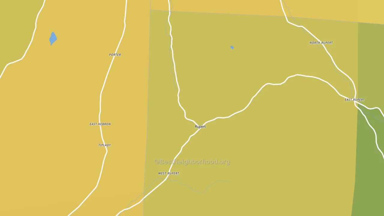 Map of the best neighborhoods in the Rupert area, with better matches in green and worse matches in red