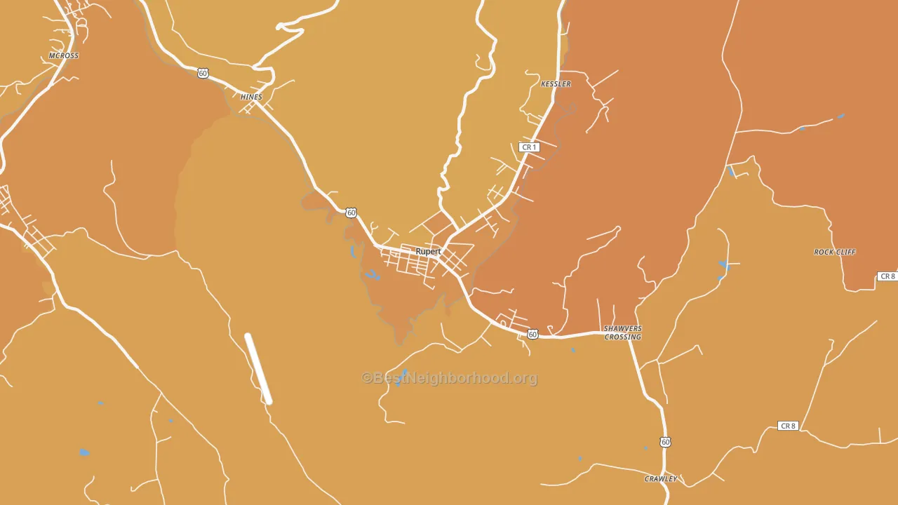 Map of the best neighborhoods in the Rupert area, with better matches in green and worse matches in red