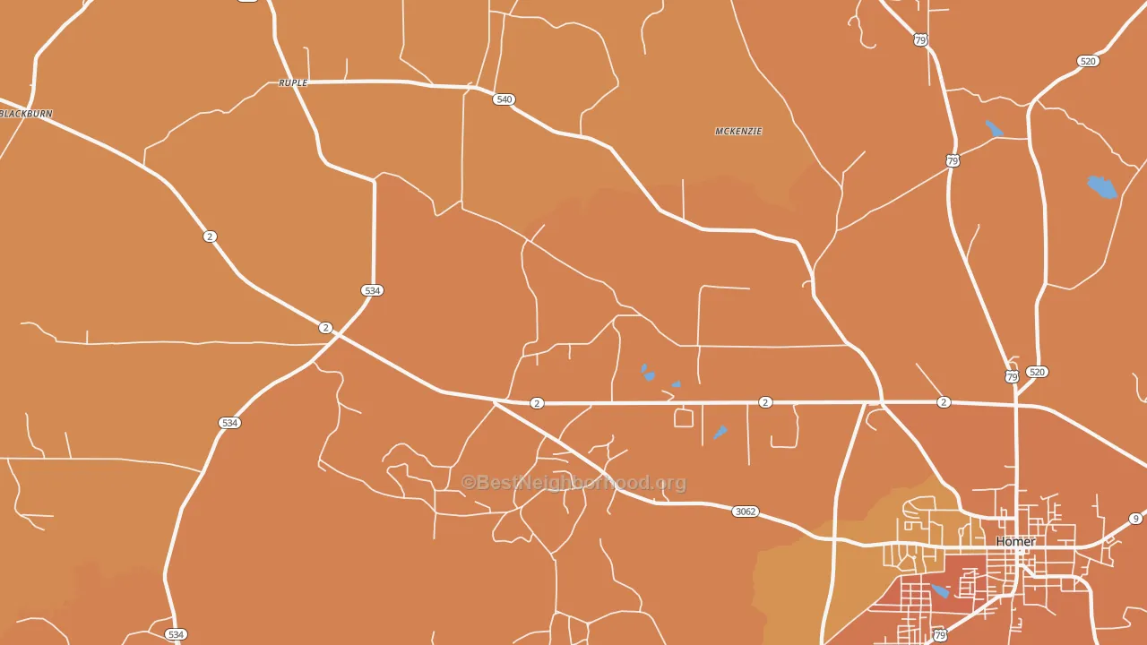 Map of the best neighborhoods in the Ruple area, with better matches in green and worse matches in red