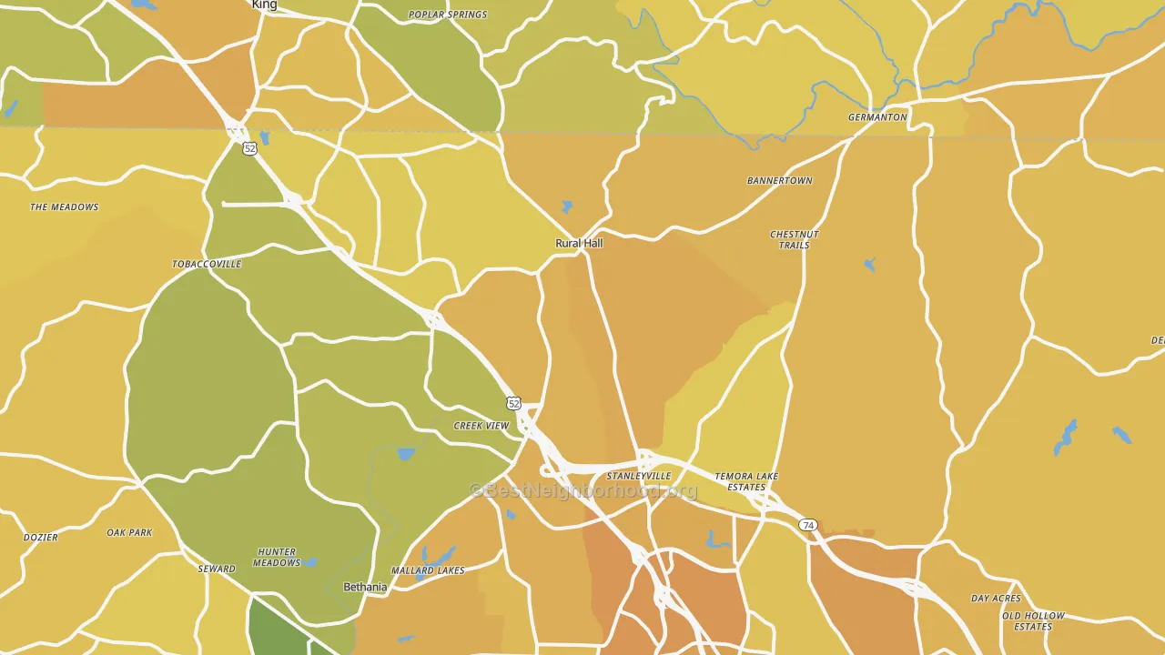 Map of the best neighborhoods in the Rural Hall area, with better matches in green and worse matches in red