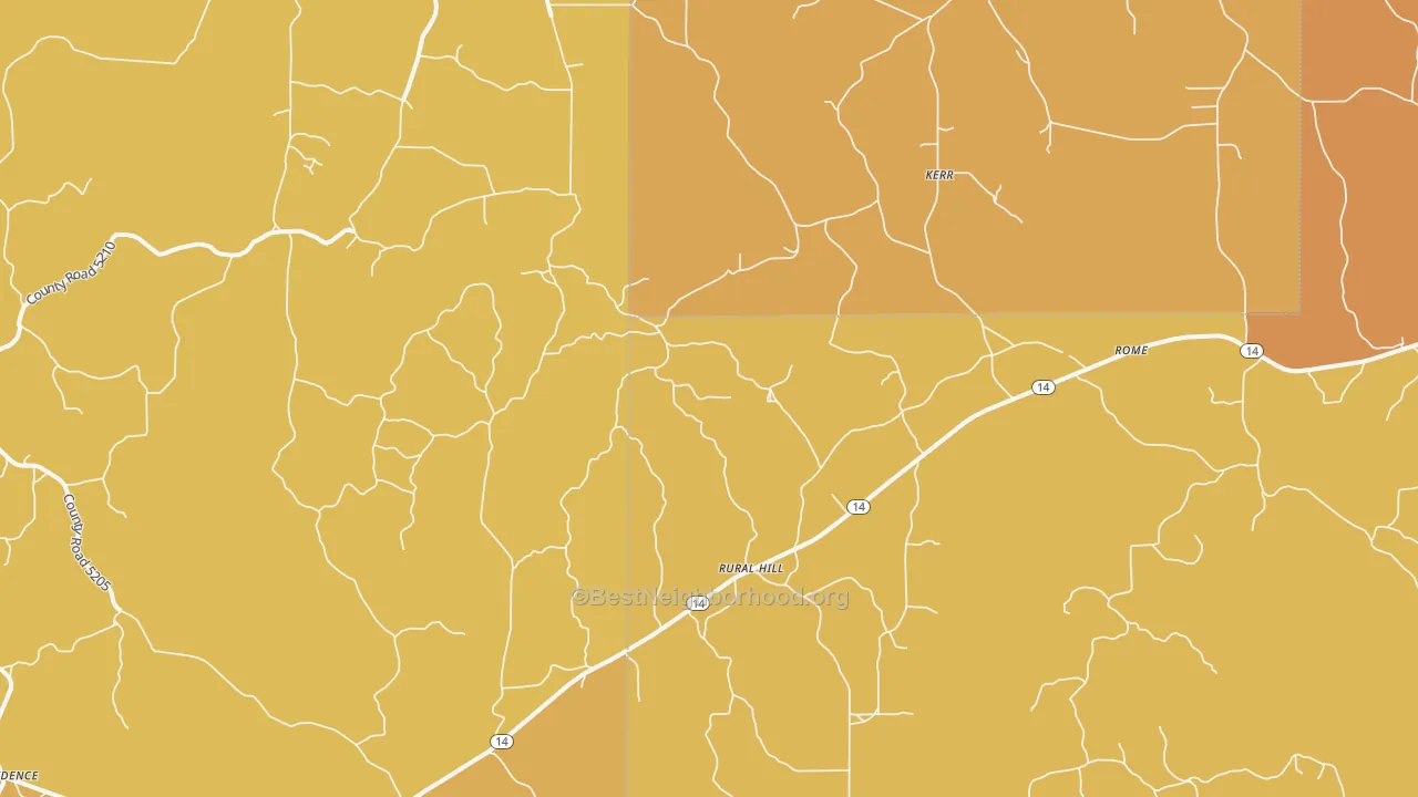 Map of the best neighborhoods in the Rural Hill area, with better matches in green and worse matches in red