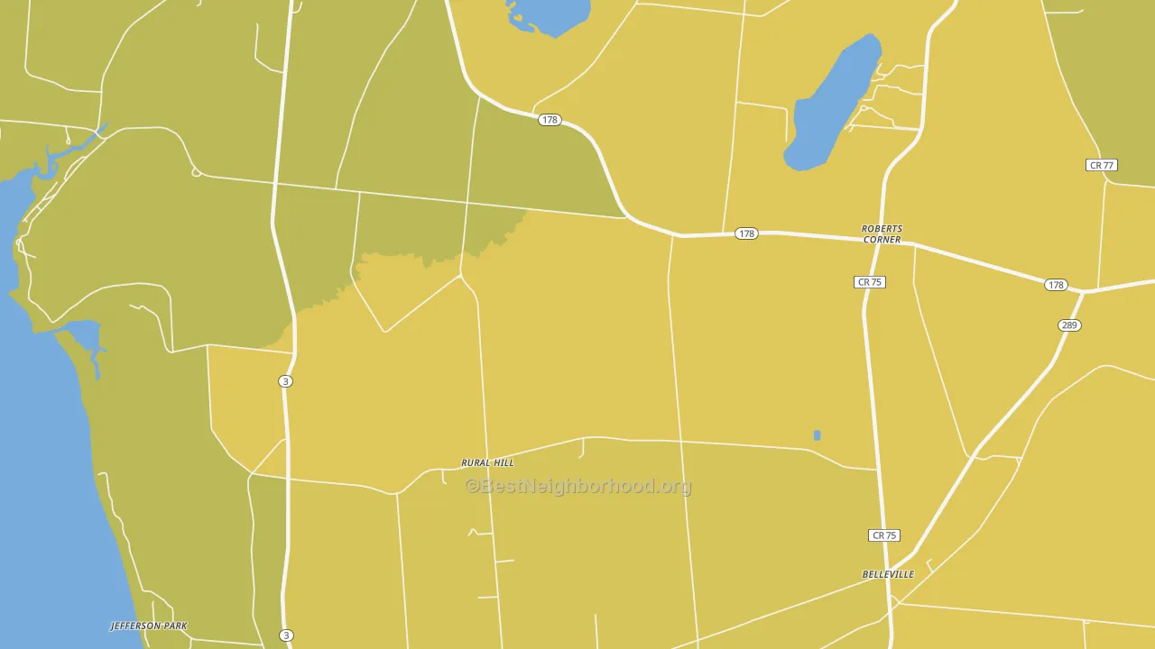 Map of the best neighborhoods in the Rural Hill area, with better matches in green and worse matches in red