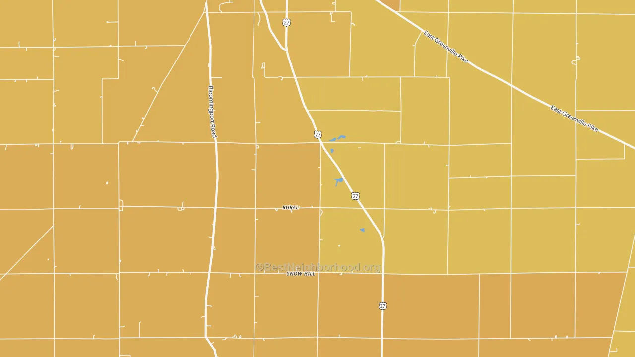 Map of the best neighborhoods in the Rural area, with better matches in green and worse matches in red