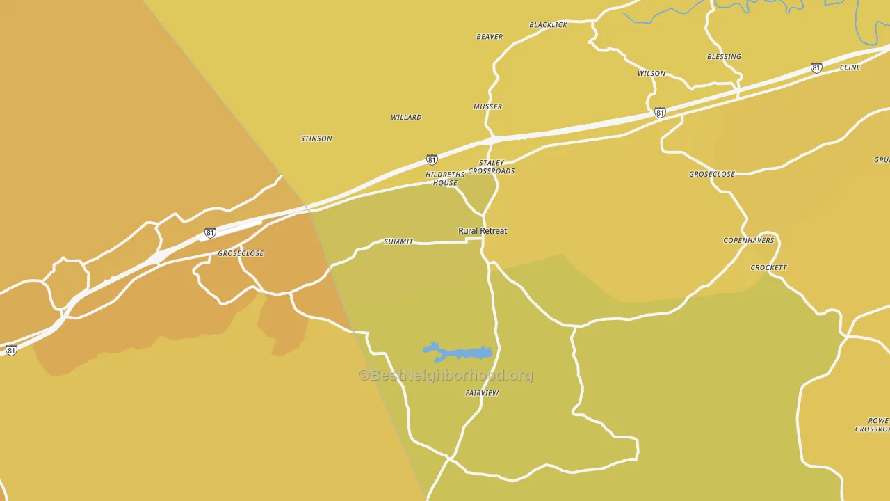 Map of the best neighborhoods in the Rural Retreat area, with better matches in green and worse matches in red