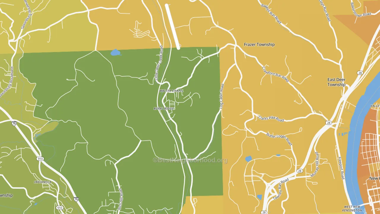 Map of the best neighborhoods in the Rural Ridge area, with better matches in green and worse matches in red