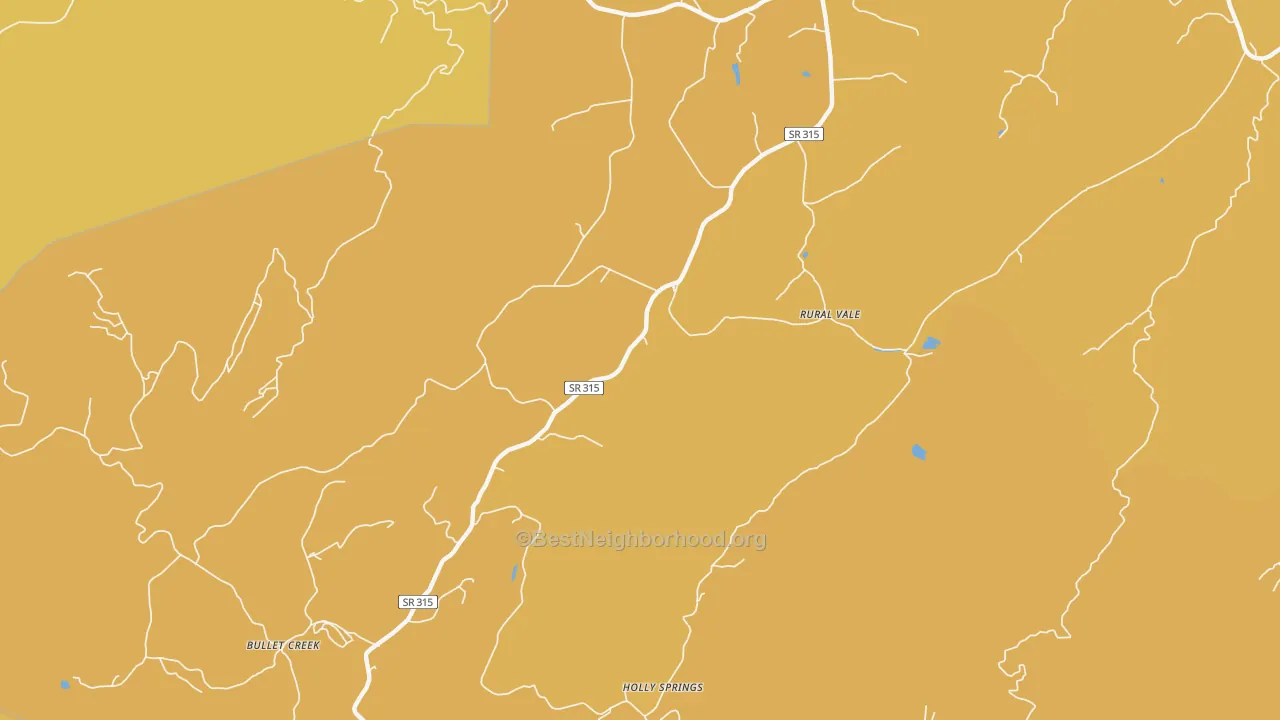 Map of the best neighborhoods in the Rural Vale area, with better matches in green and worse matches in red