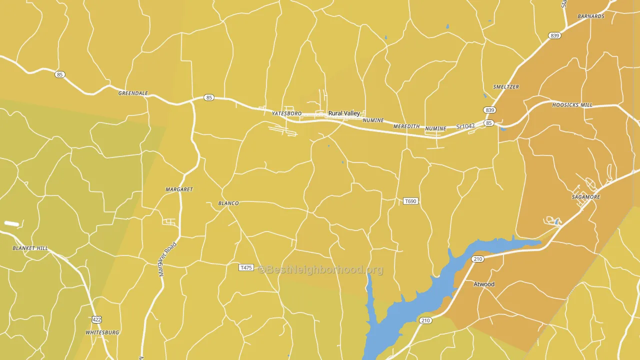 Map of the best neighborhoods in the Rural Valley area, with better matches in green and worse matches in red