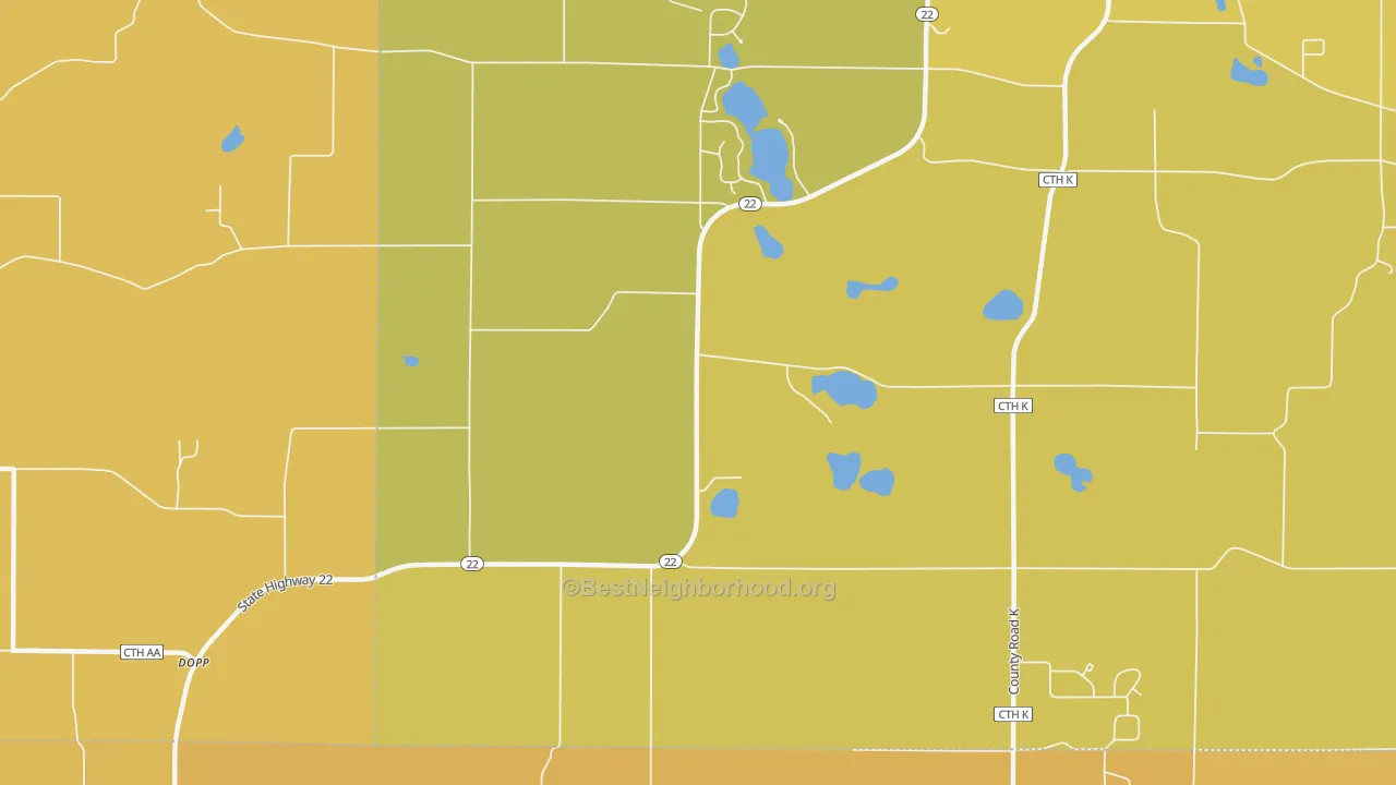 Map of the best neighborhoods in the Rural area, with better matches in green and worse matches in red
