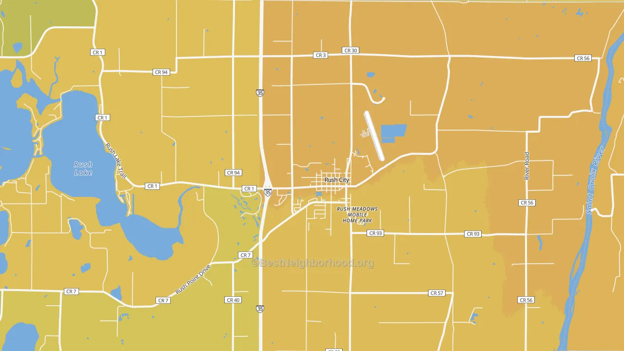 Map of the best neighborhoods in the Rush City area, with better matches in green and worse matches in red