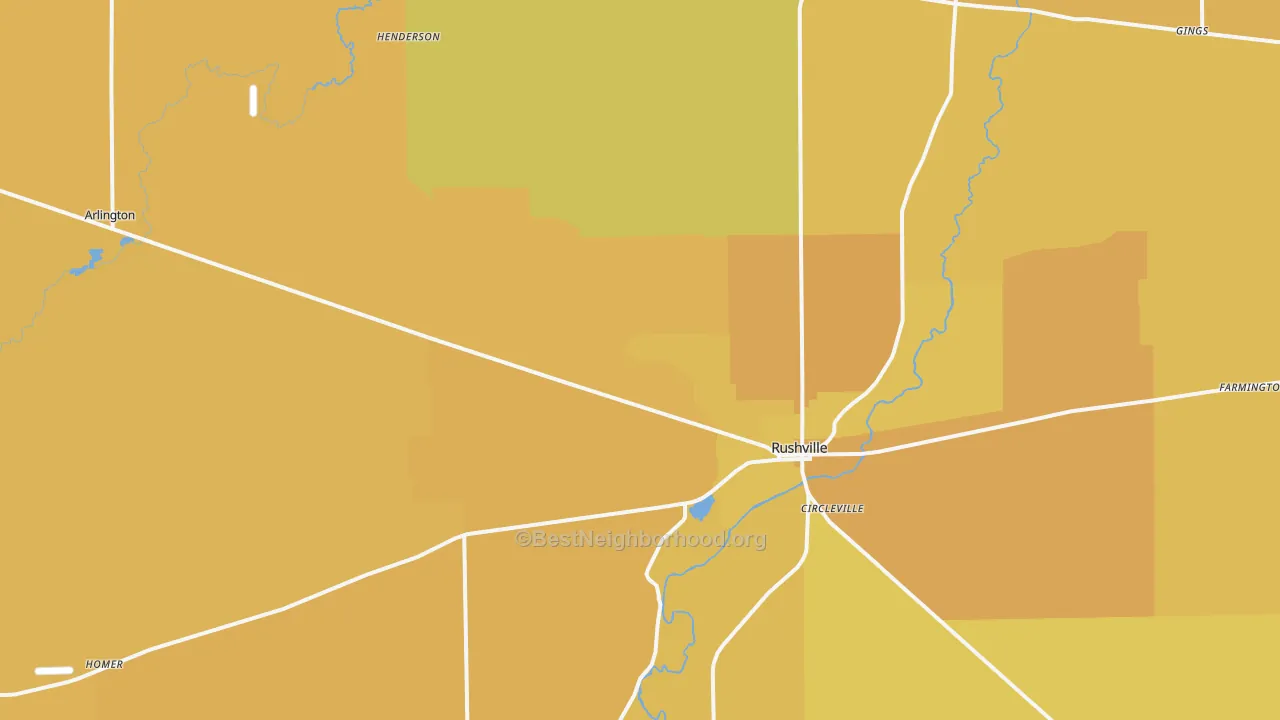 Map of the best neighborhoods in the Rush County area, with better matches in green and worse matches in red