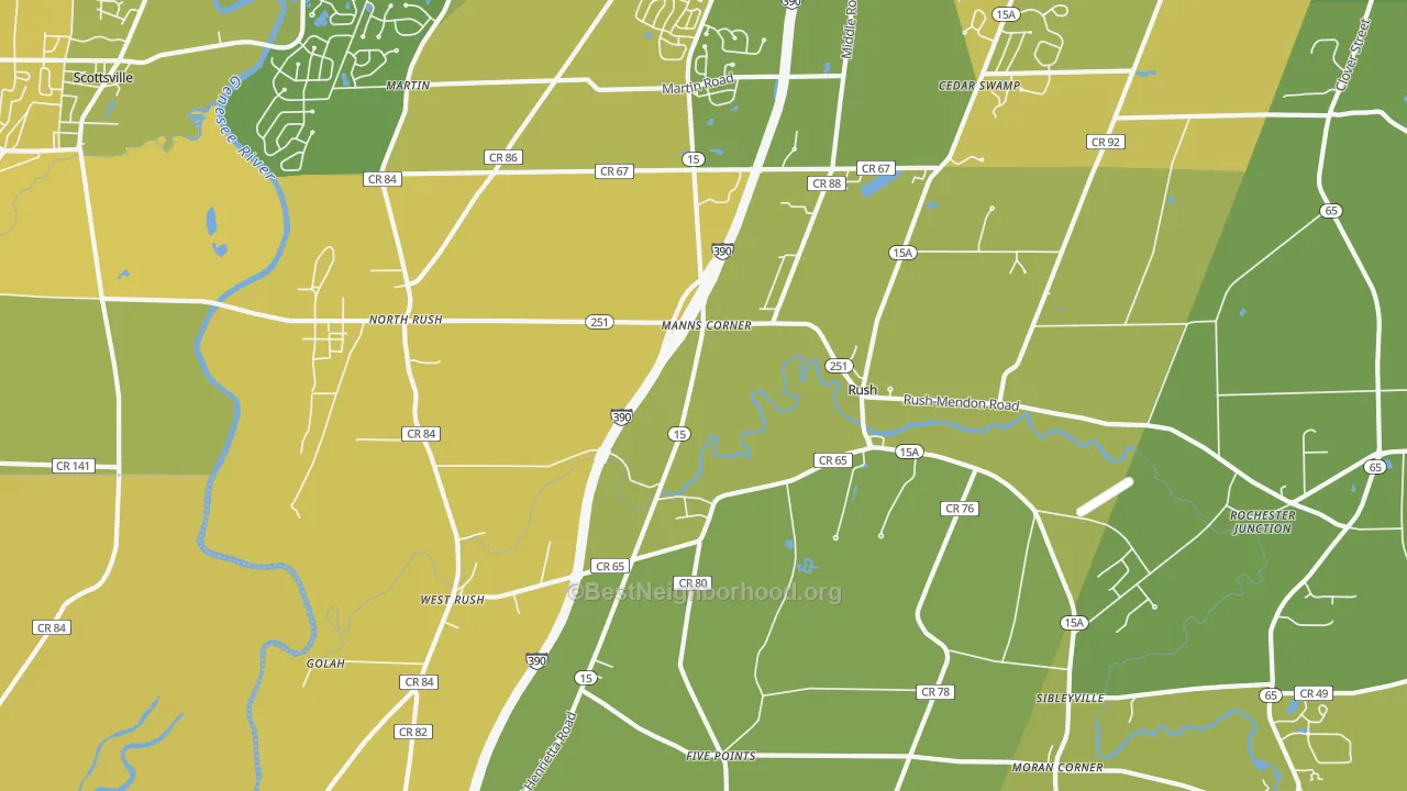 Map of the best neighborhoods in the Rush area, with better matches in green and worse matches in red