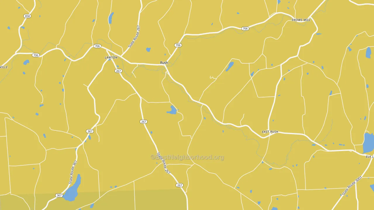 Map of the best neighborhoods in the Rush area, with better matches in green and worse matches in red