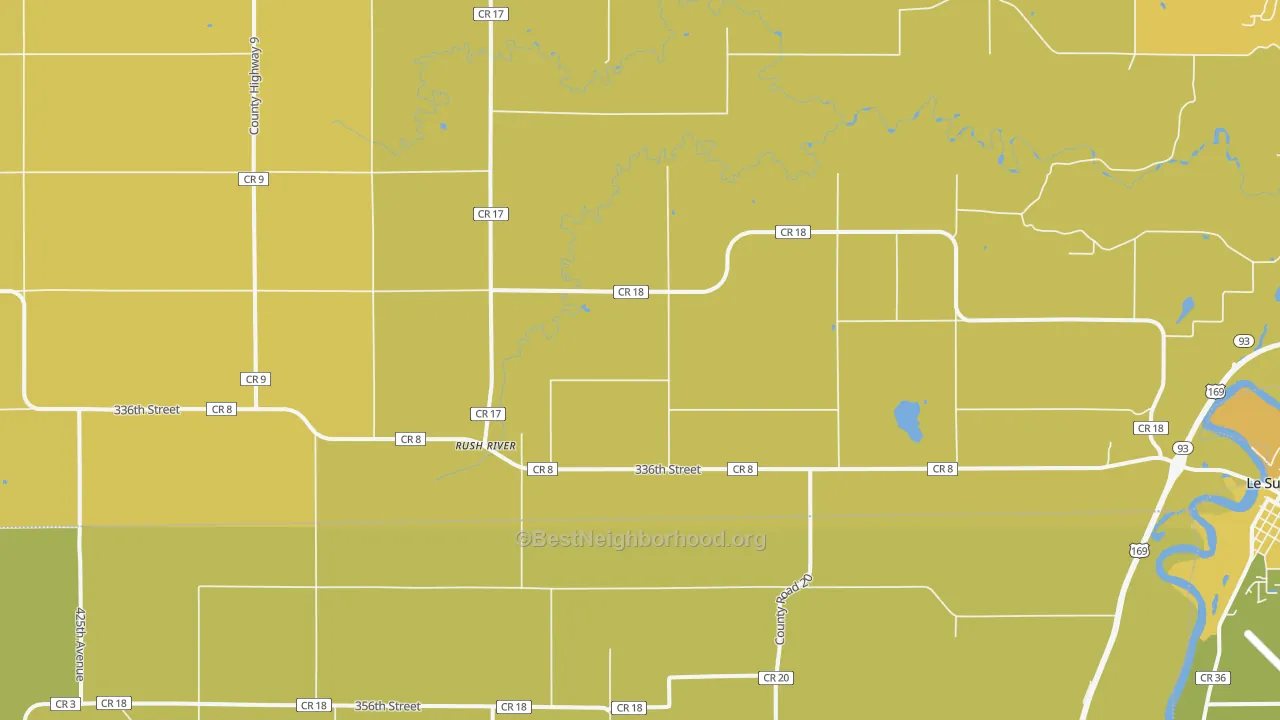 Map of the best neighborhoods in the Rush River area, with better matches in green and worse matches in red