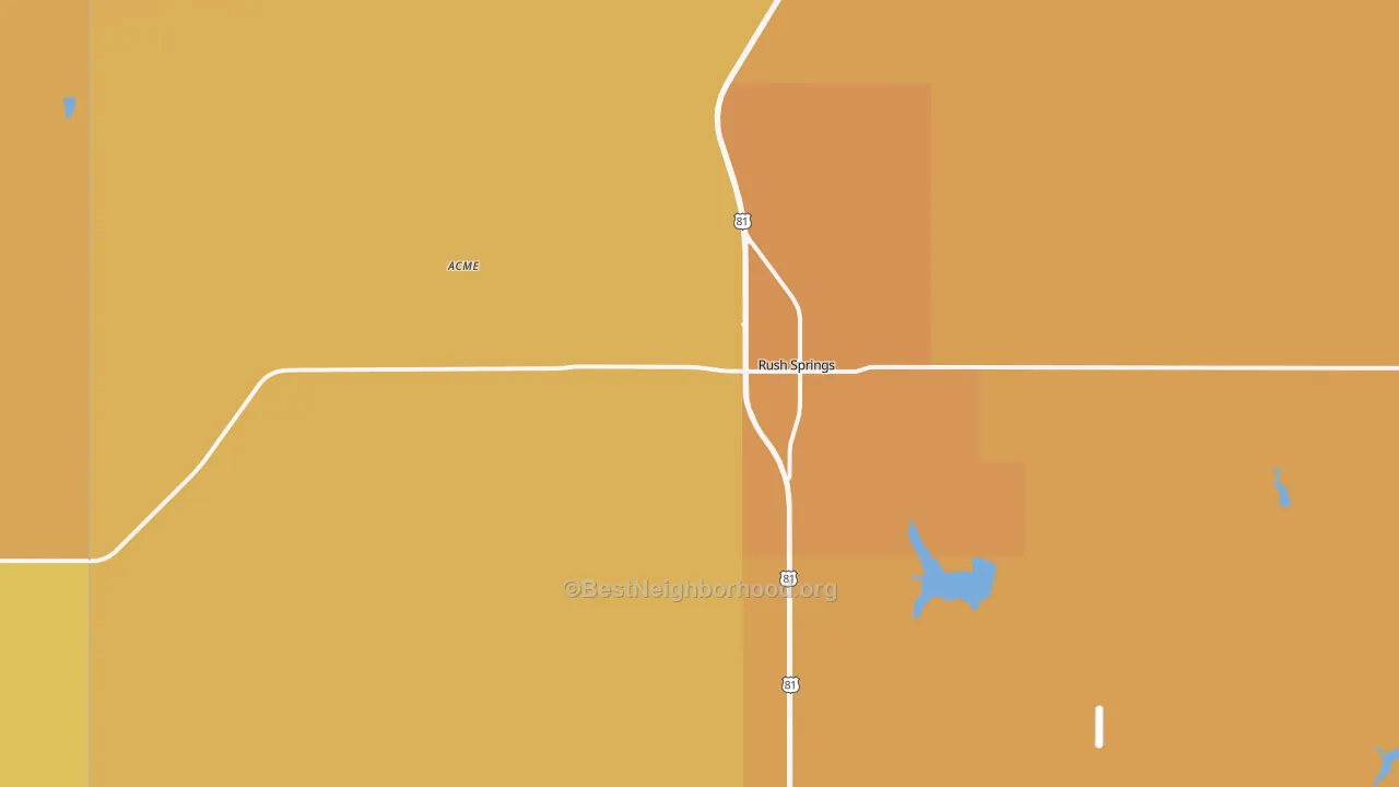 Map of the best neighborhoods in the Rush Springs area, with better matches in green and worse matches in red