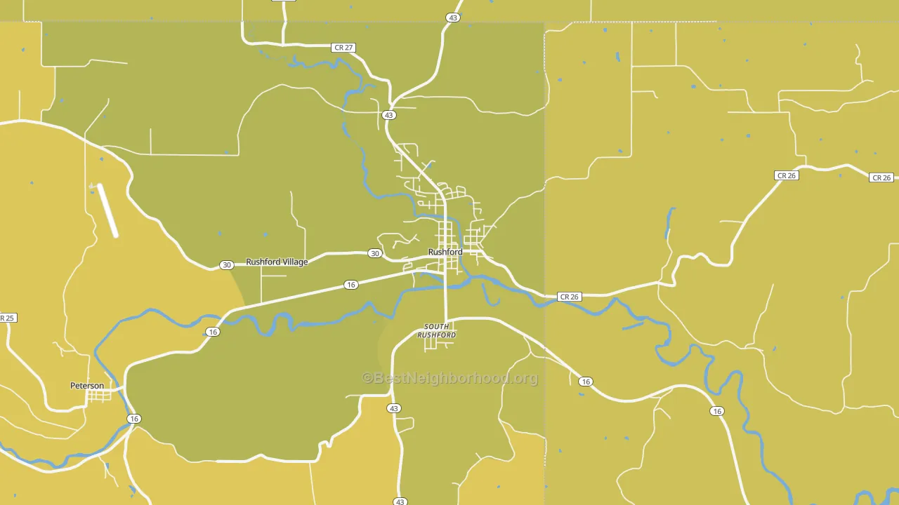 Map of the best neighborhoods in the Rushford area, with better matches in green and worse matches in red
