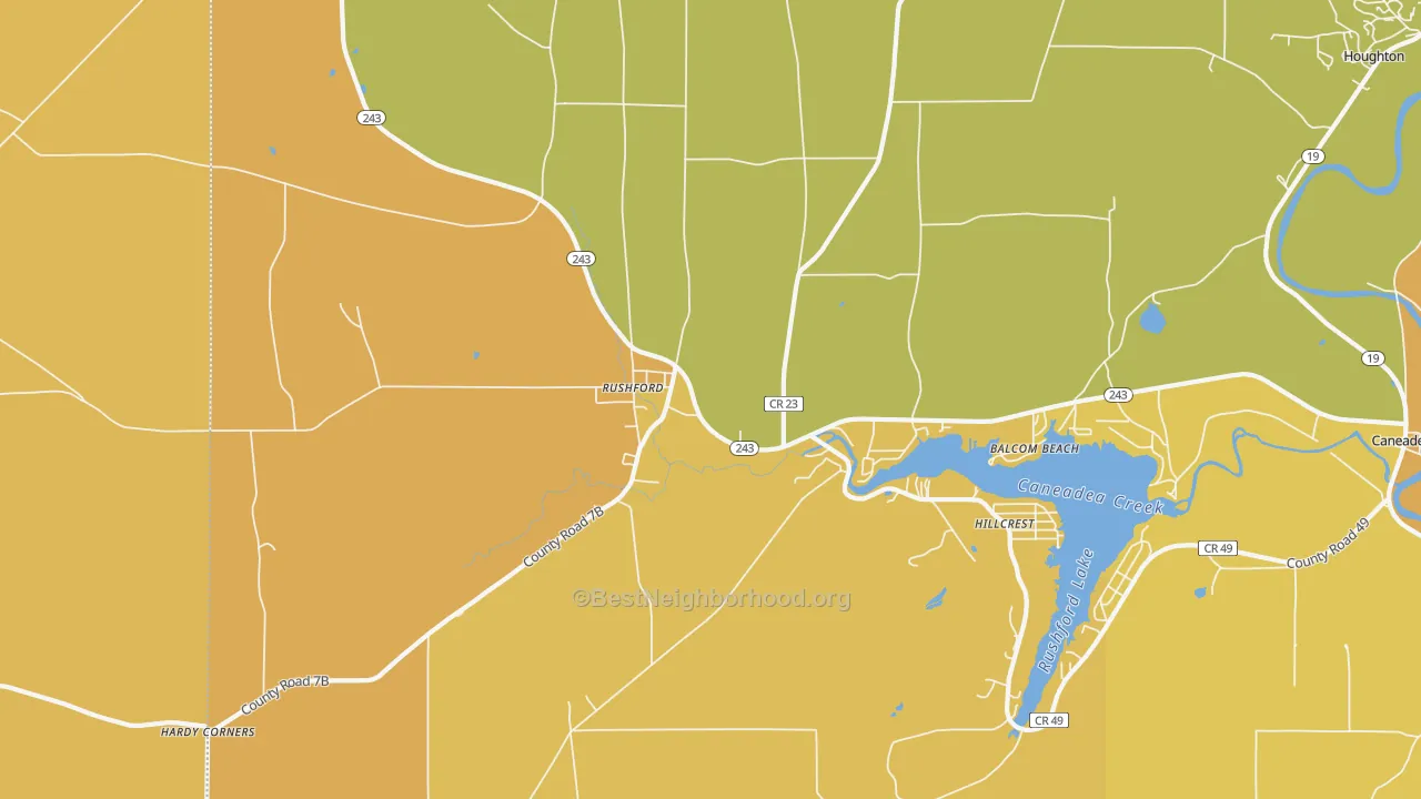 Map of the best neighborhoods in the Rushford area, with better matches in green and worse matches in red