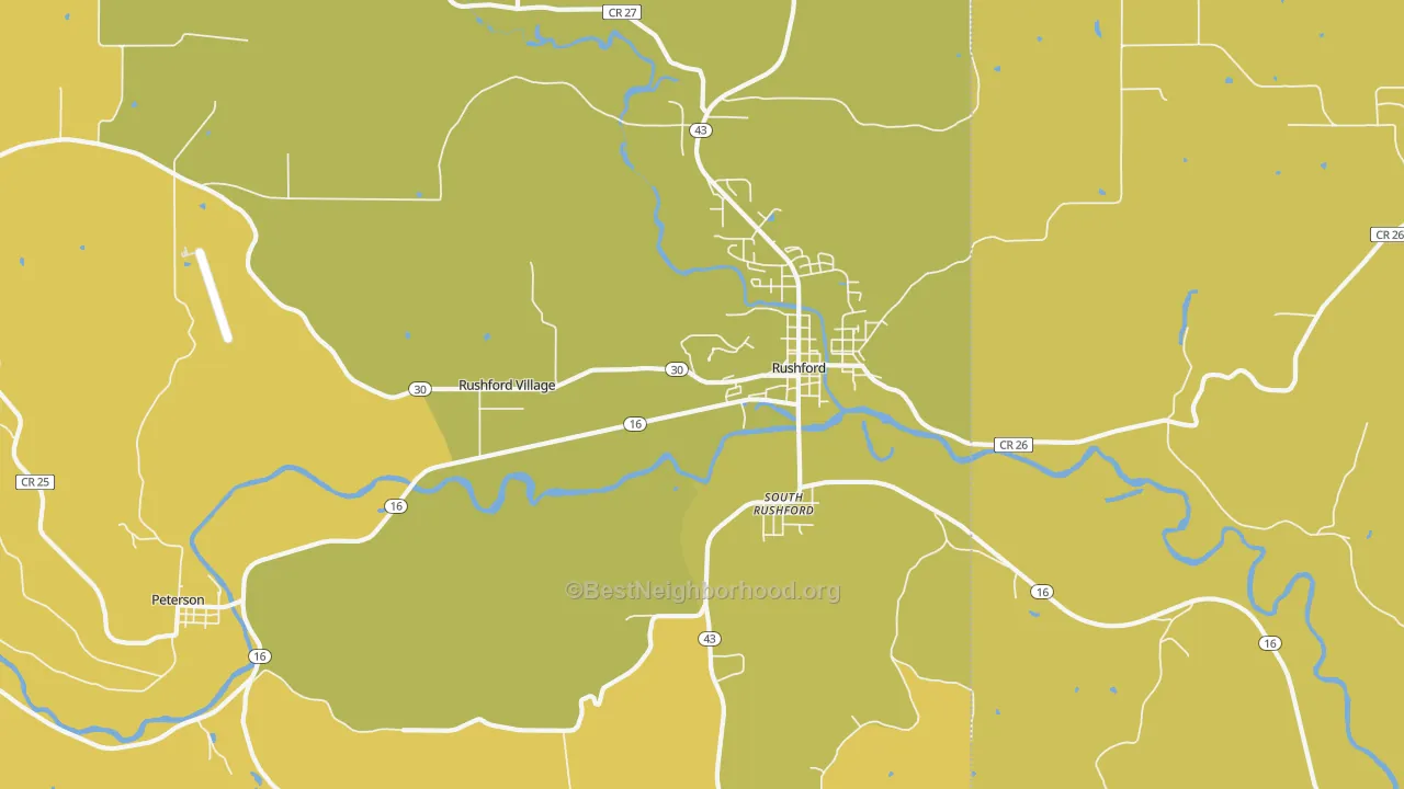 Map of the best neighborhoods in the Rushford Village area, with better matches in green and worse matches in red