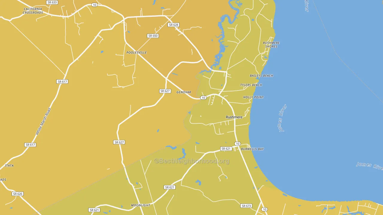 Map of the best neighborhoods in the Rushmere area, with better matches in green and worse matches in red