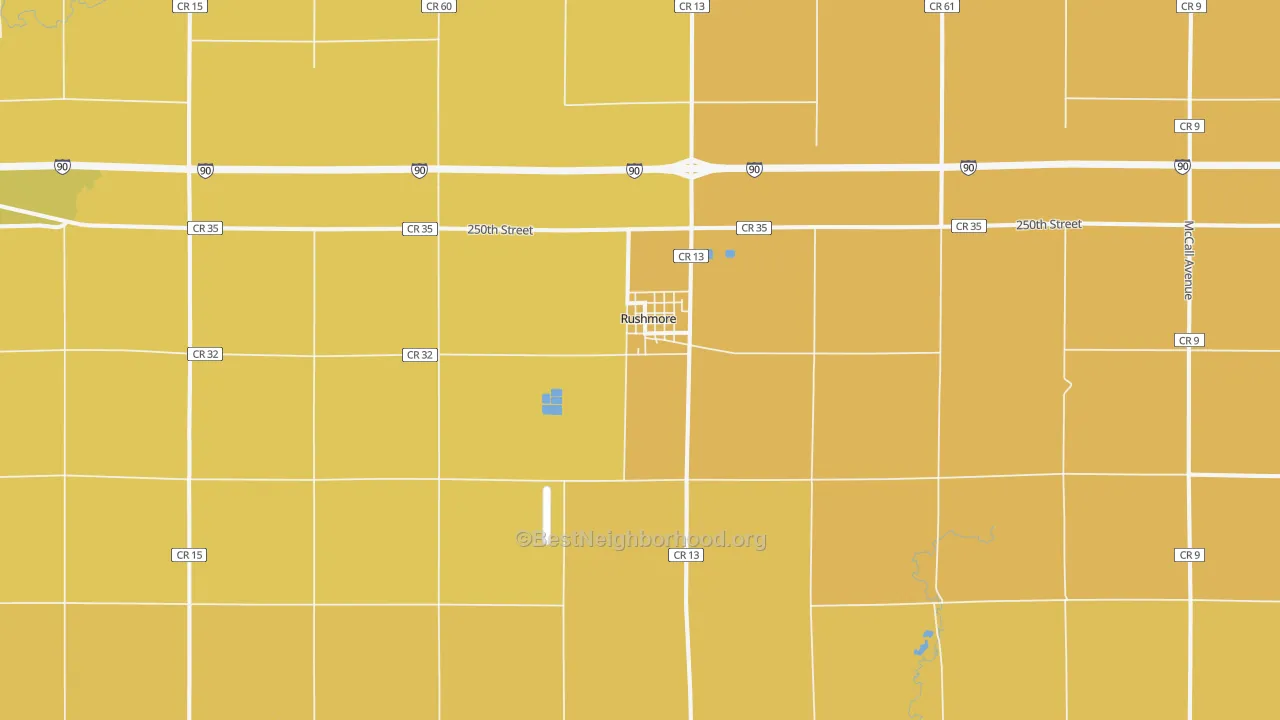 Map of the best neighborhoods in the Rushmore area, with better matches in green and worse matches in red