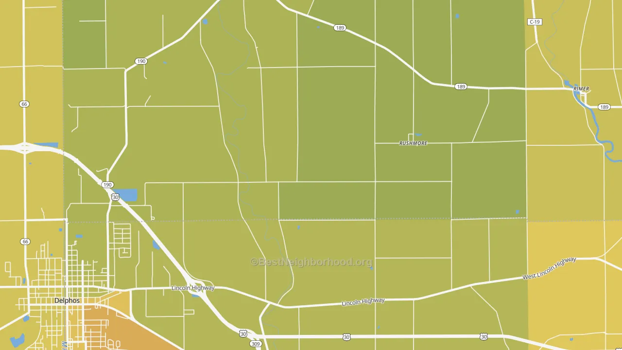 Map of the best neighborhoods in the Rushmore area, with better matches in green and worse matches in red