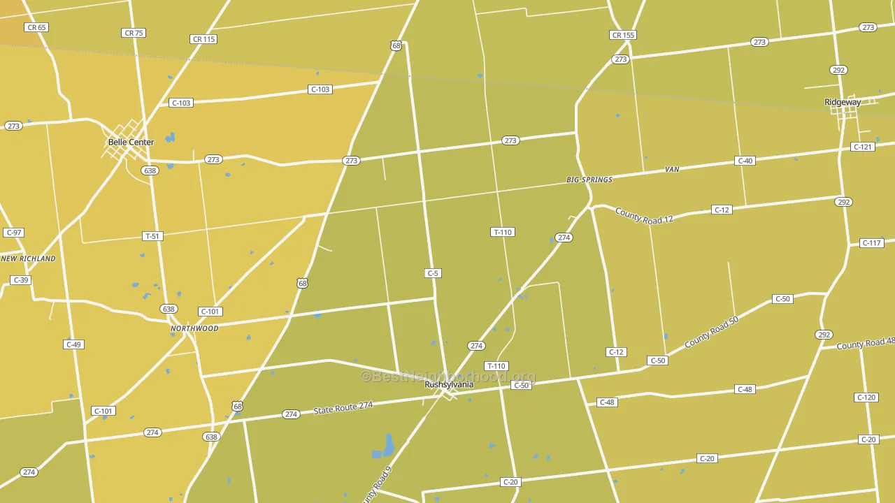 Map of the best neighborhoods in the Rushsylvania area, with better matches in green and worse matches in red