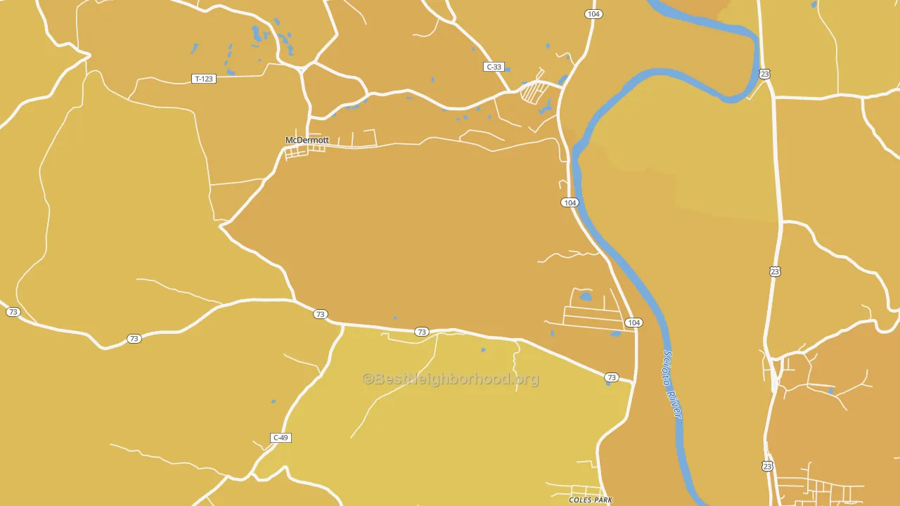 Map of the best neighborhoods in the Rushtown area, with better matches in green and worse matches in red