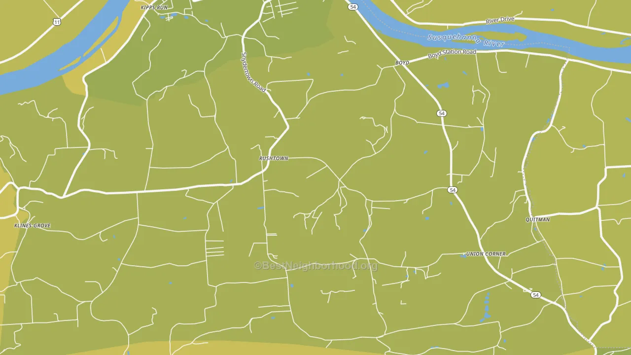 Map of the best neighborhoods in the Rushtown area, with better matches in green and worse matches in red