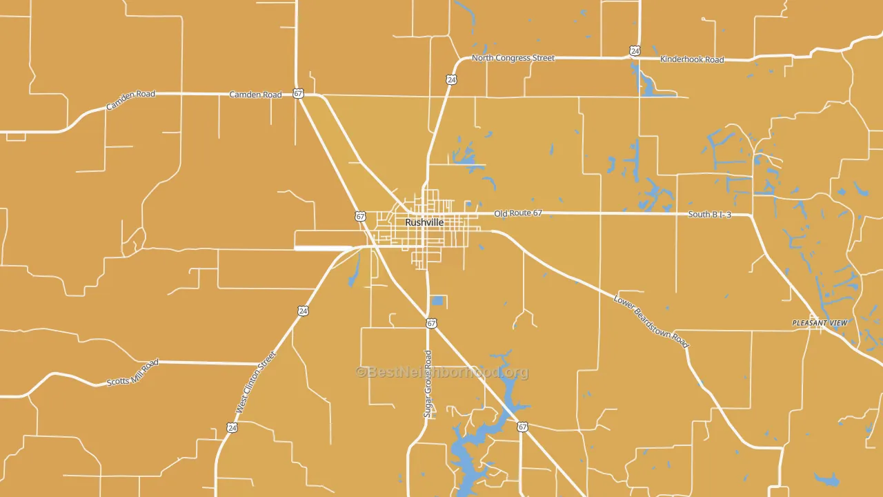 Map of the best neighborhoods in the Rushville area, with better matches in green and worse matches in red