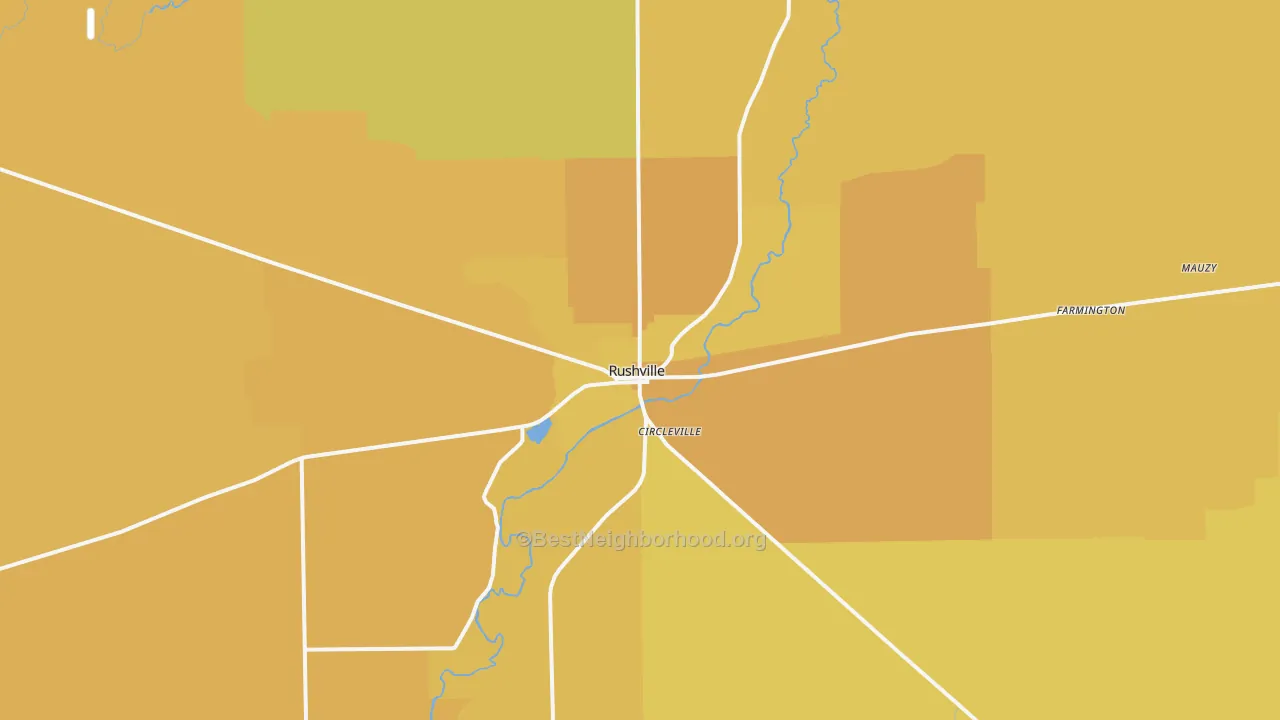 Map of the best neighborhoods in the Rushville area, with better matches in green and worse matches in red