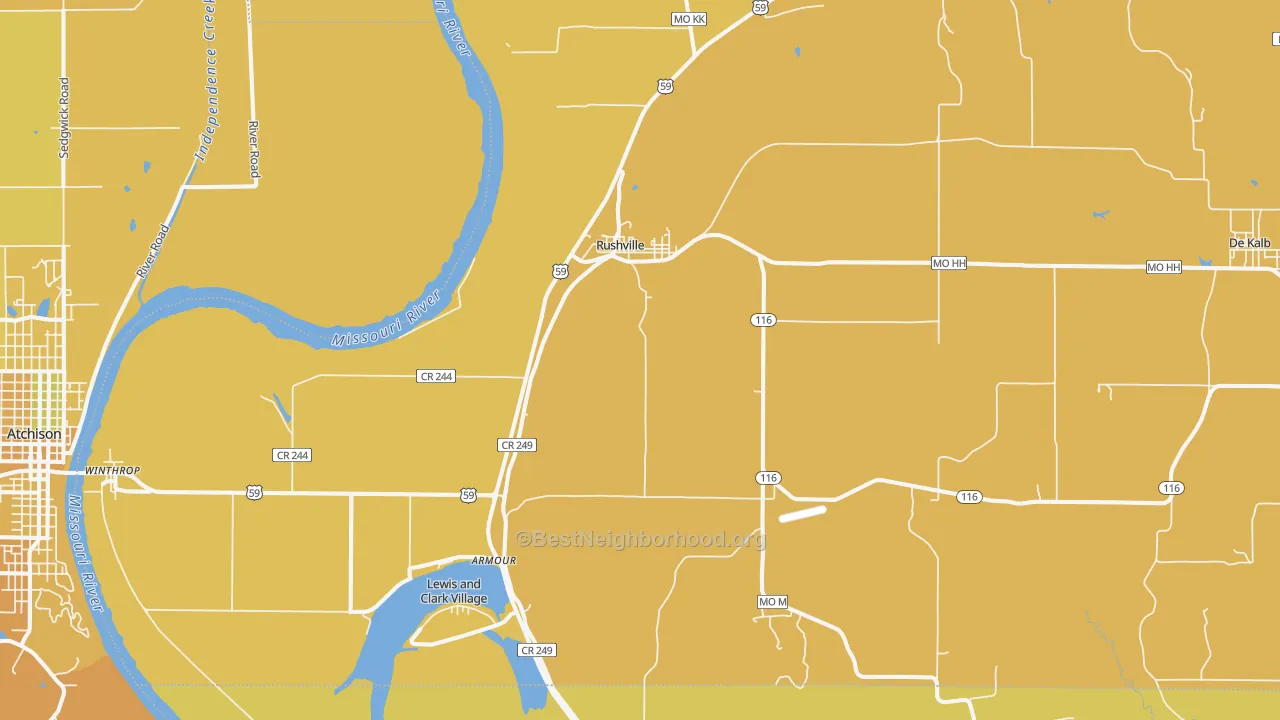 Map of the best neighborhoods in the Rushville area, with better matches in green and worse matches in red